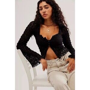Free People FP One Madison Blouse Top Sheer Fitted Floral Lace Smocked S 281694